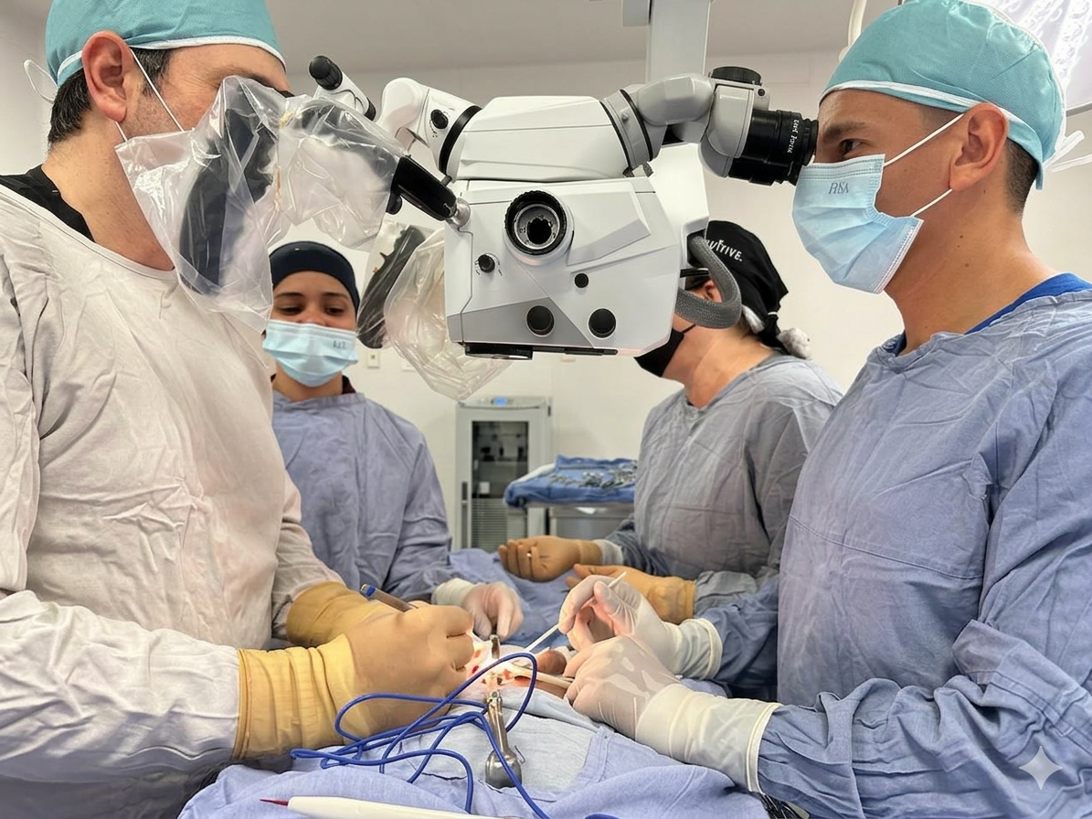 Dr. Jorge Luis Lagunes Vega en cirugía de alta especialidad con microscopio
